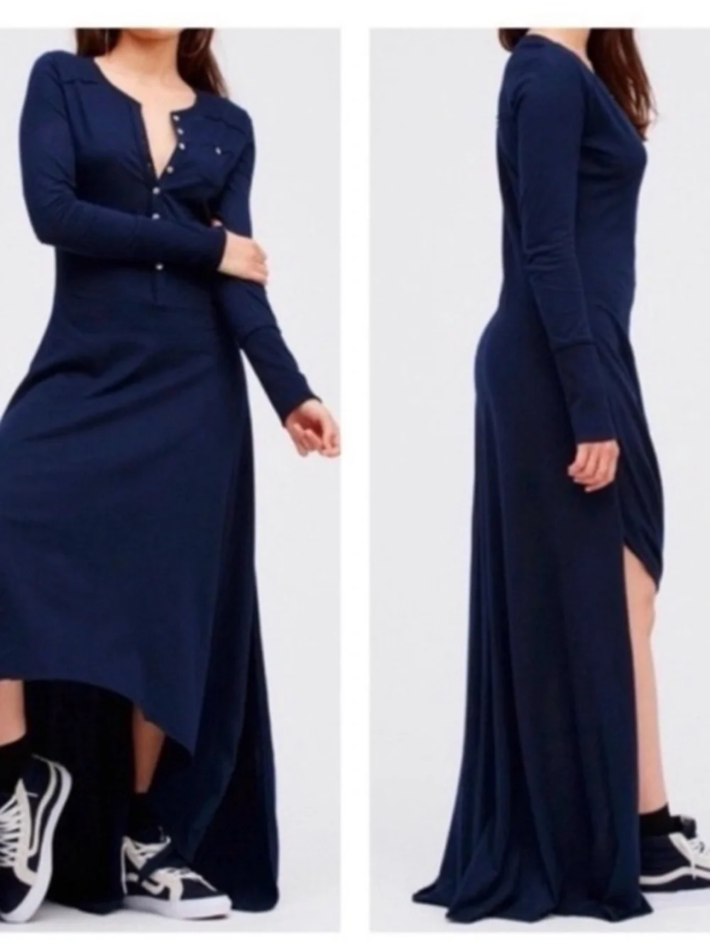 Free People Beach Legacy Henley Navy Blue Maxi Hi Low Dress